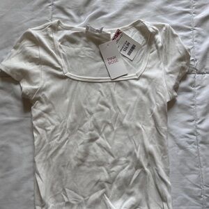 Pink Rose White Square Neck Ribbed Short Sleeve Top